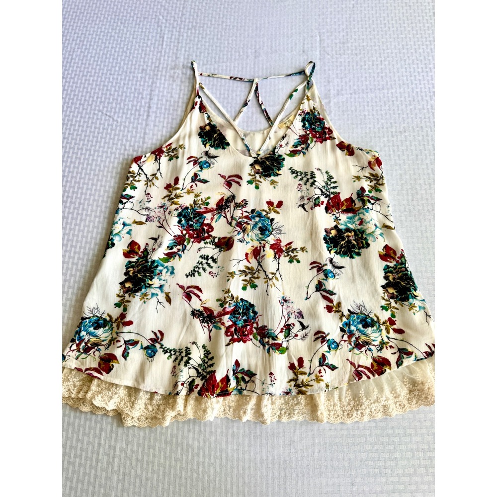 Kori America Floral Lace Trim Cami Tank Top Strappy Back Cream Large Y5523